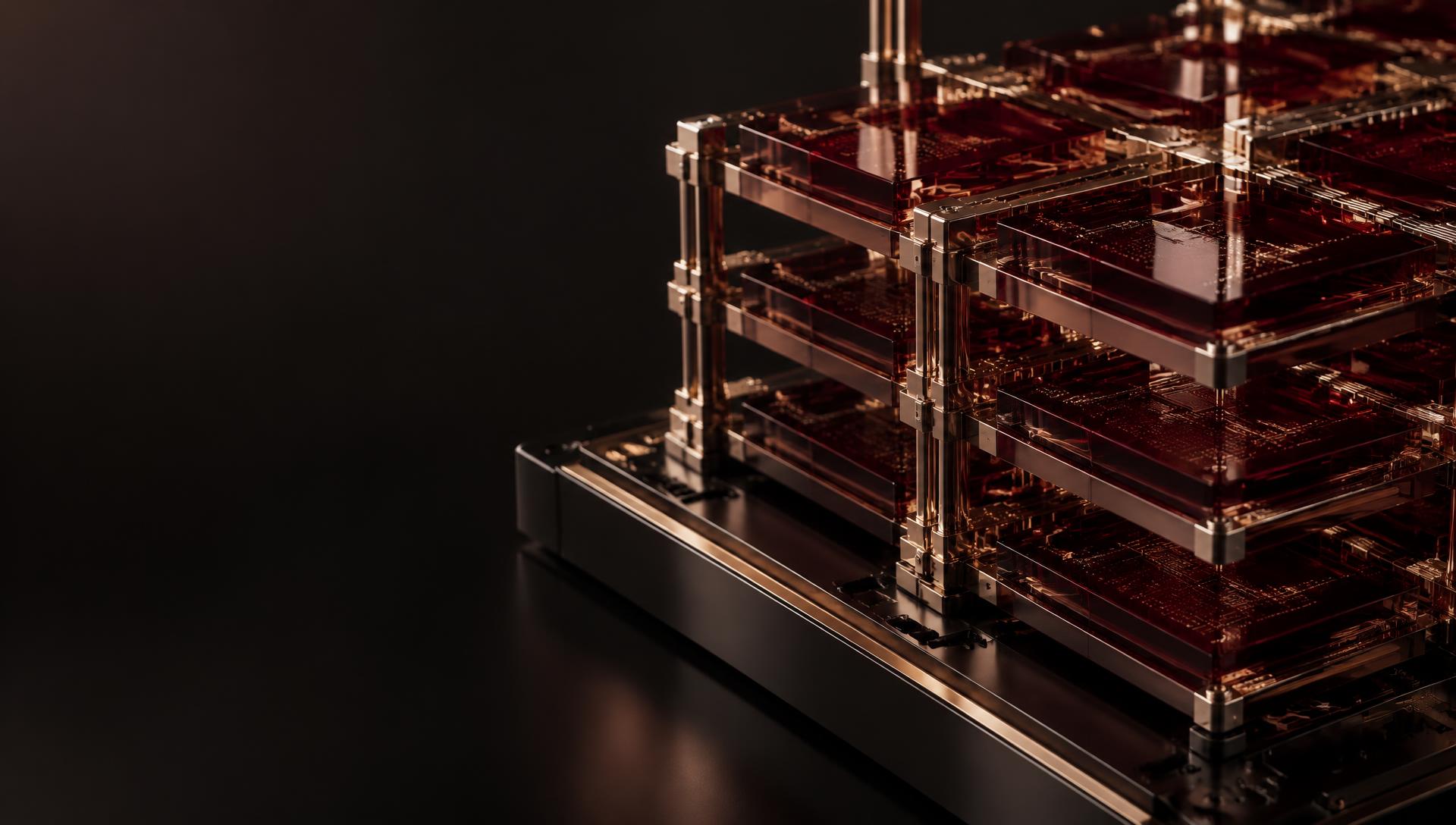 Burgundy optical computing layers with precision gold interconnections